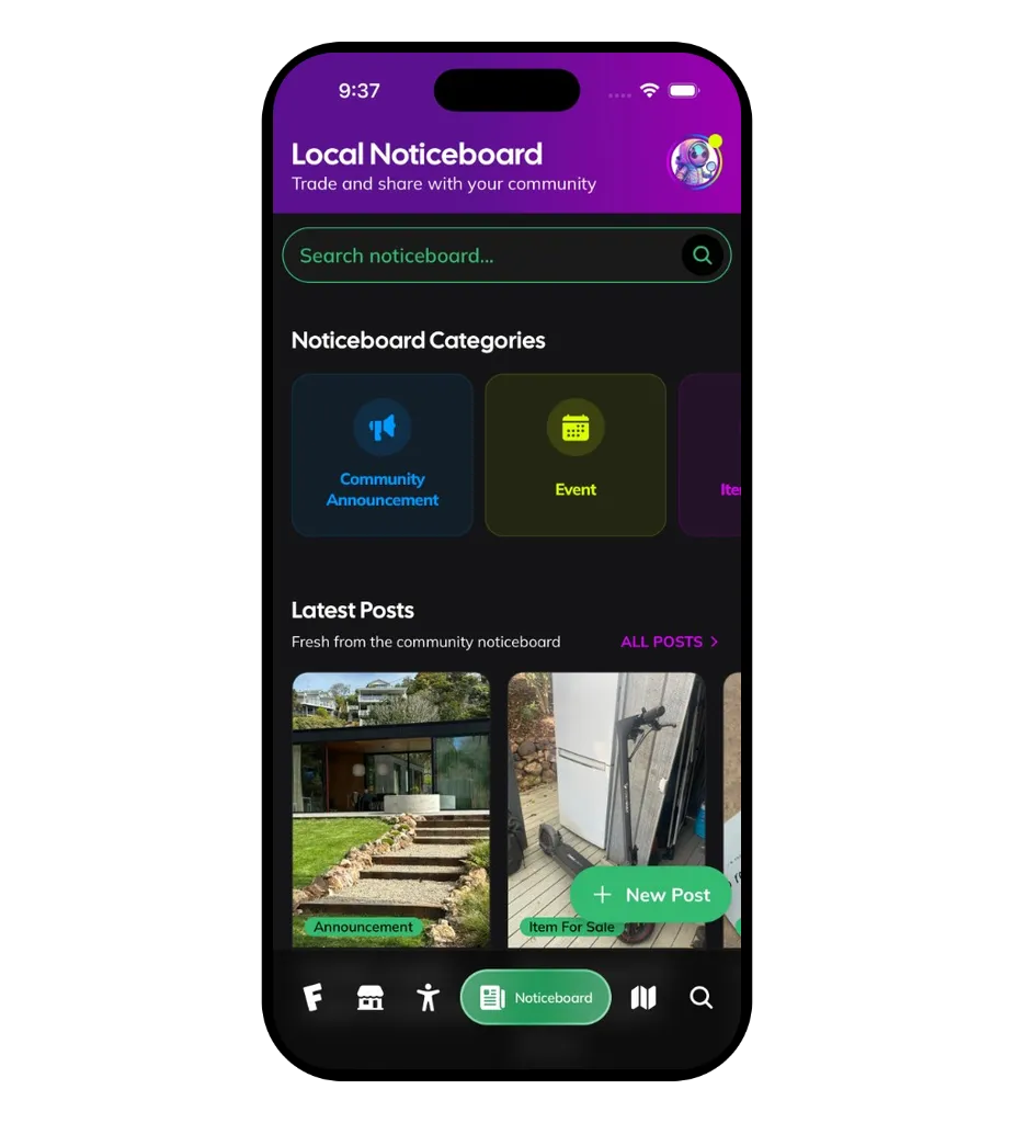 Local noticeboard with categories and latest community posts
