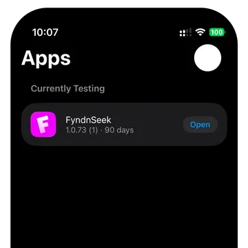 The FyndnSeek beta listed under Currently Testing in TestFlight